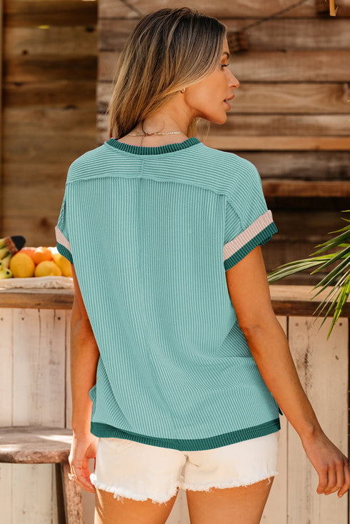 Retro Vibe Contrast Trim Corded Knit Short Sleeve Top